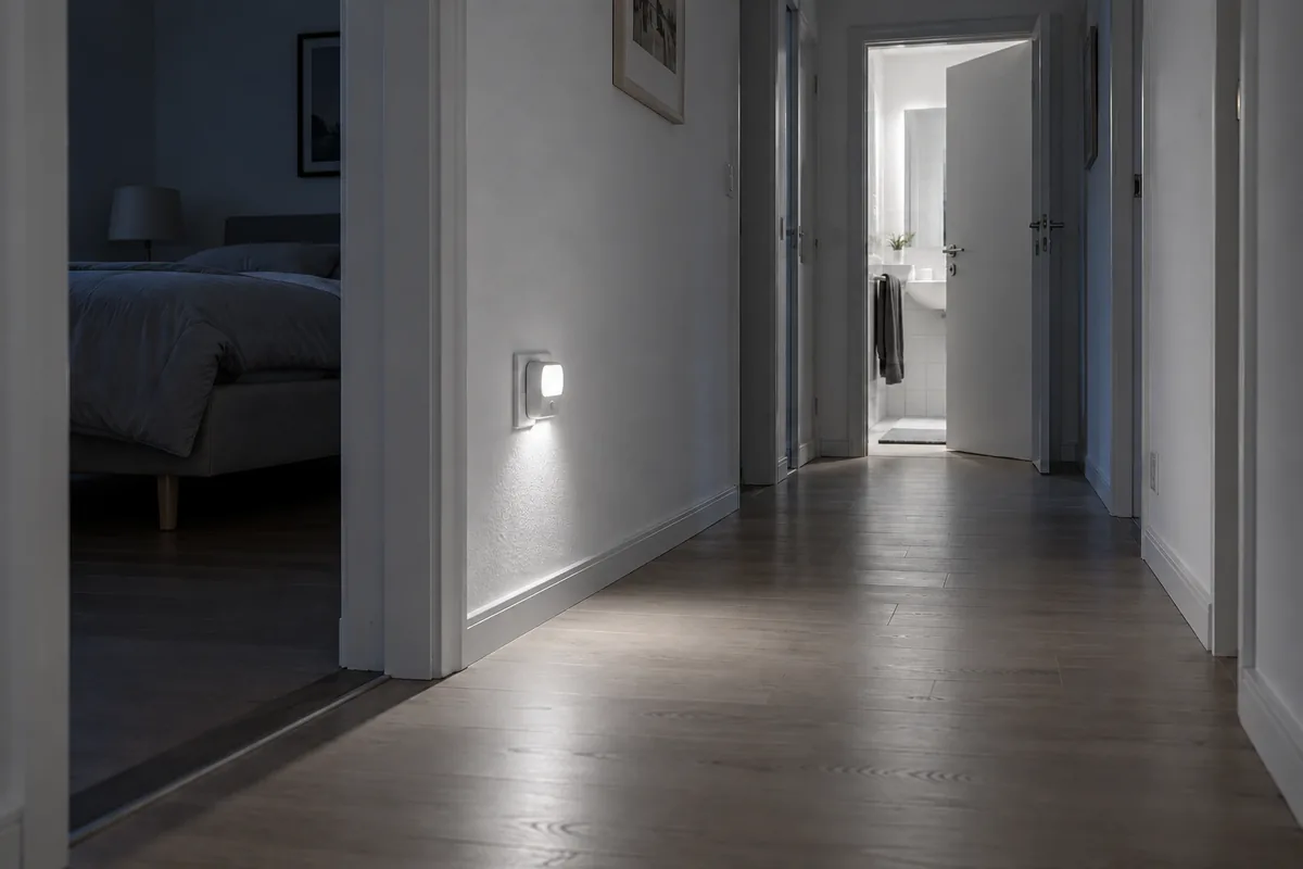 Dunkler Flur mit kleinem Nachtlicht an der Wand