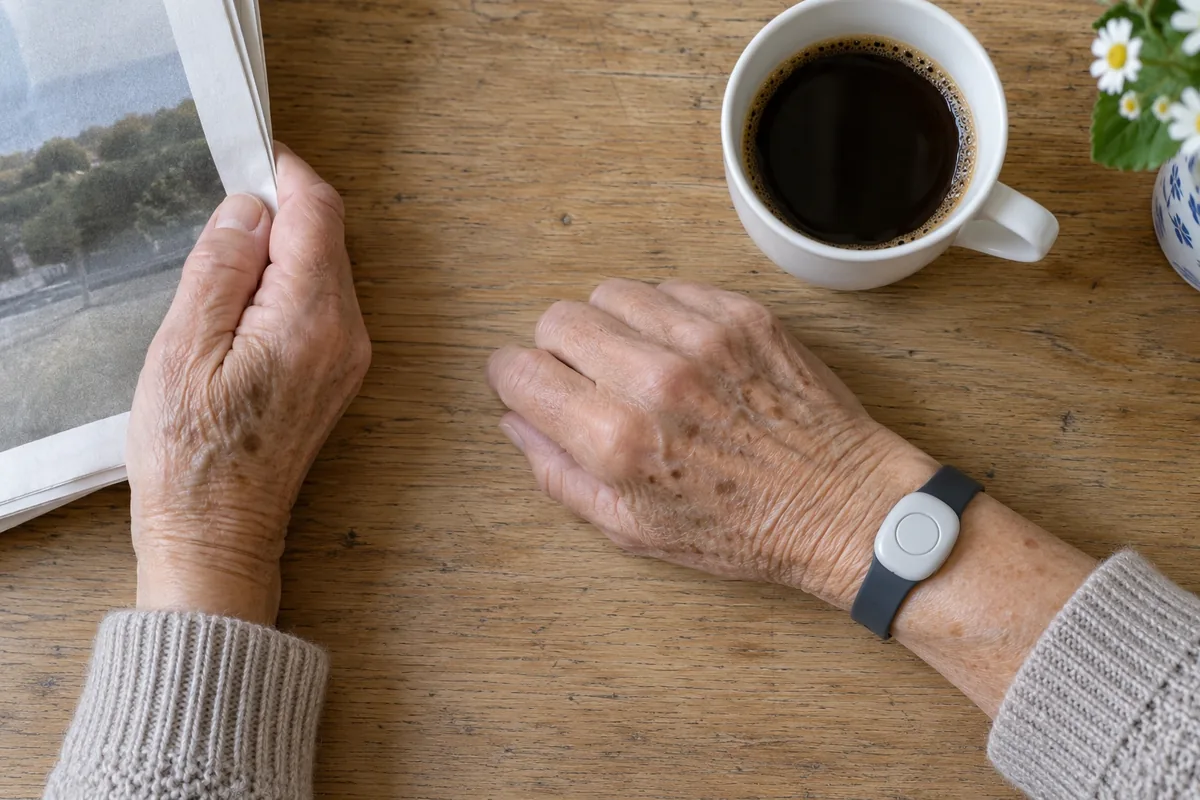Hausnotruf-Knopf am Handgelenk einer Seniorin am Kaffeetisch