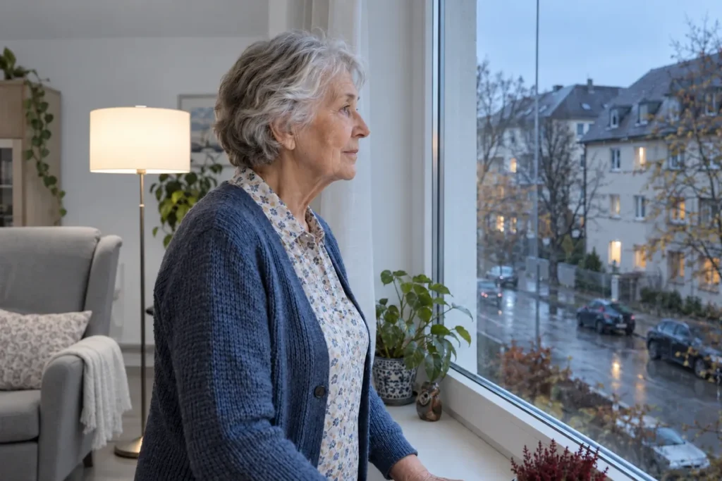 Seniorin schaut in der Dämmerung aus dem Fenster auf die regennasse Straße