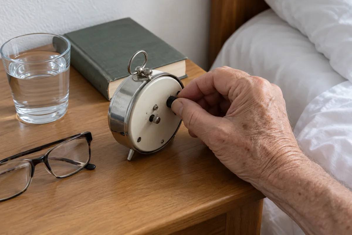 Ältere Hand stellt den Wecker auf dem Nachttisch zurück