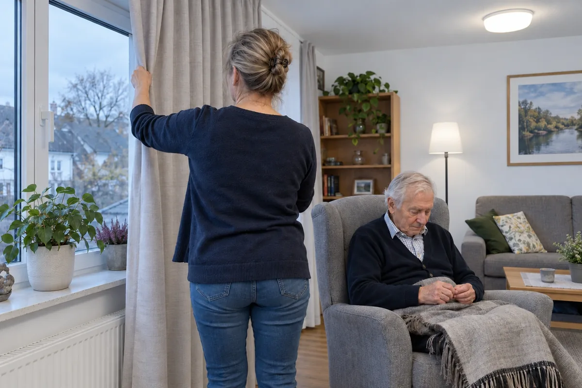 Betreuungskraft zieht abends den Vorhang zu, bevor das Fenster spiegelt